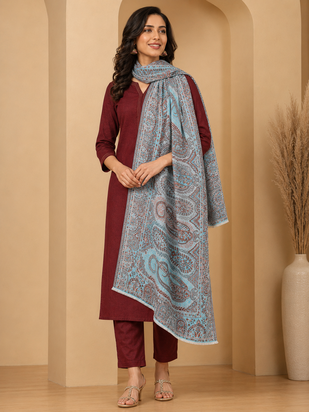 Pspeaches Women's Light Blue 100% Viscose Jamawar Design Stole