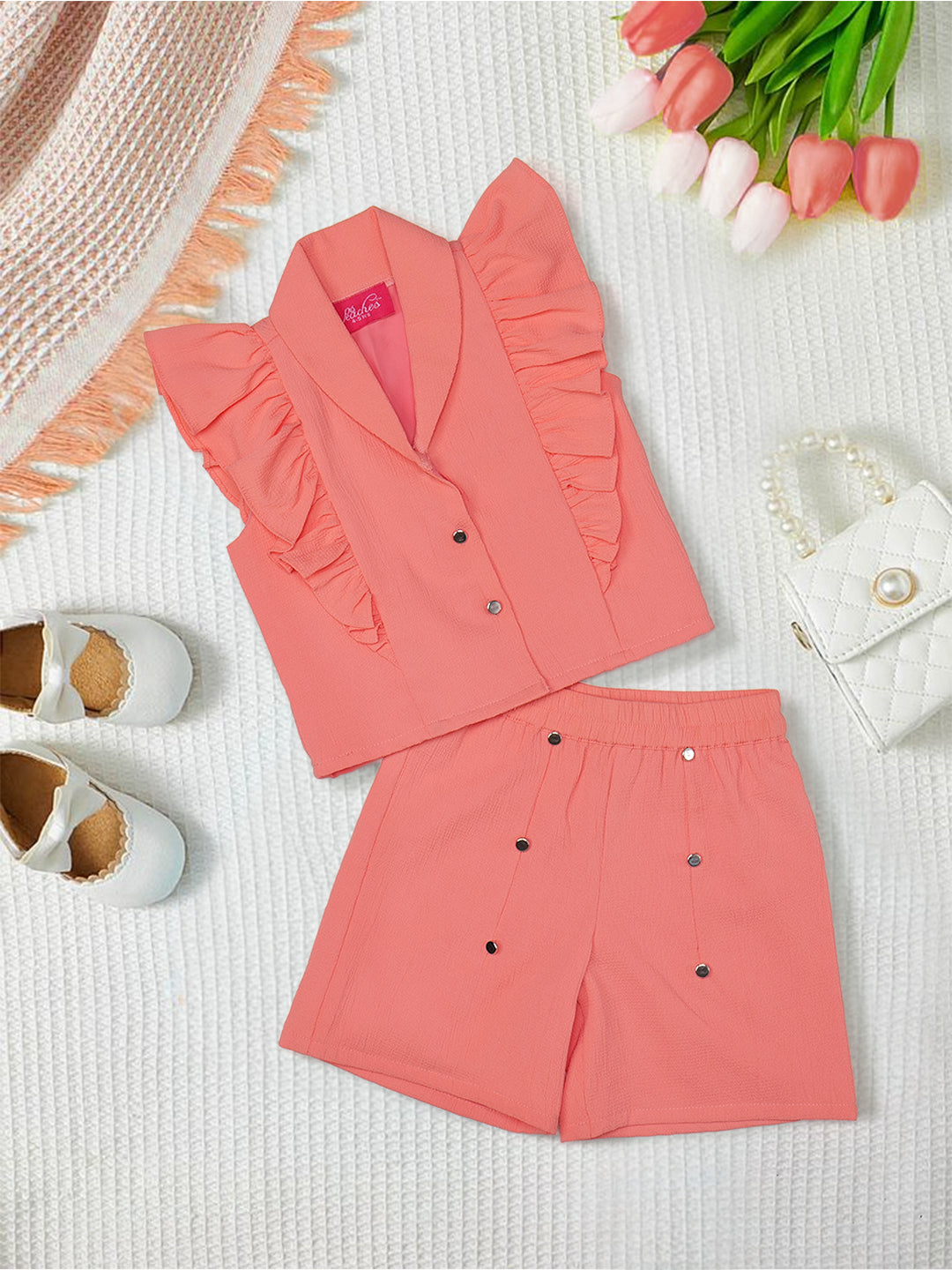 Pspeaches 2-Piece Peach Color Crinkle Cotton Top & Shorts Set (S25019412)