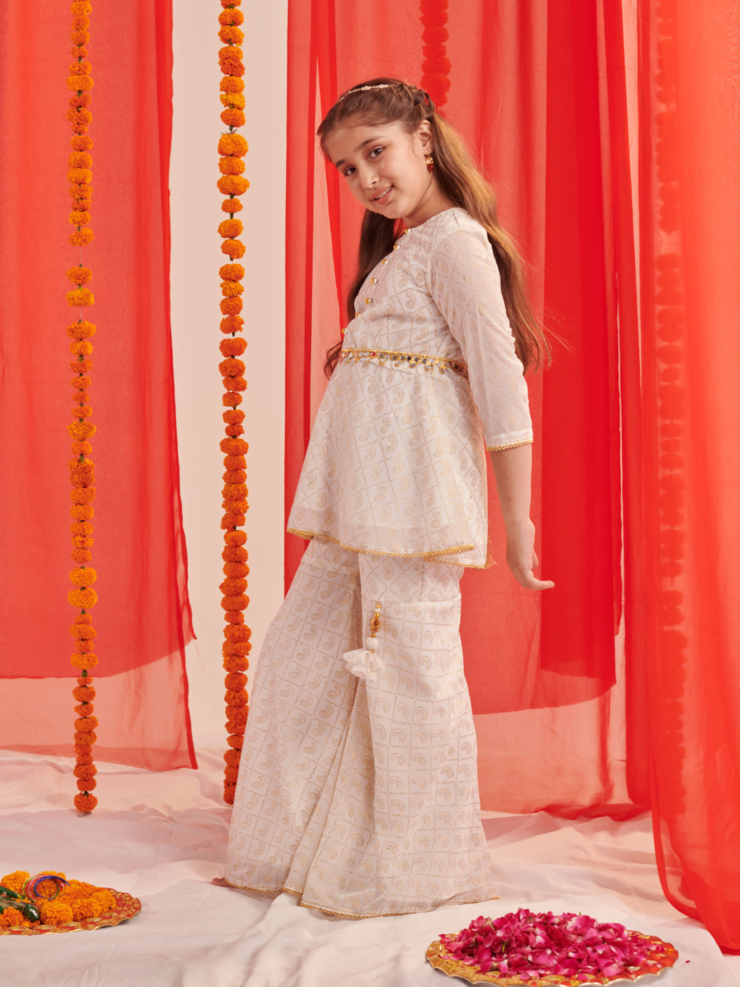 Girls Paisley Printed Regular Kurta With Sharara (SHA-AMBIFOIL)