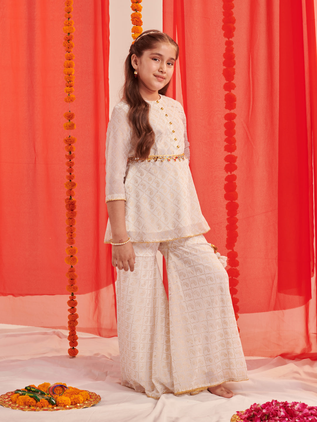 Girls Paisley Printed Regular Kurta With Sharara (SHA-AMBIFOIL)