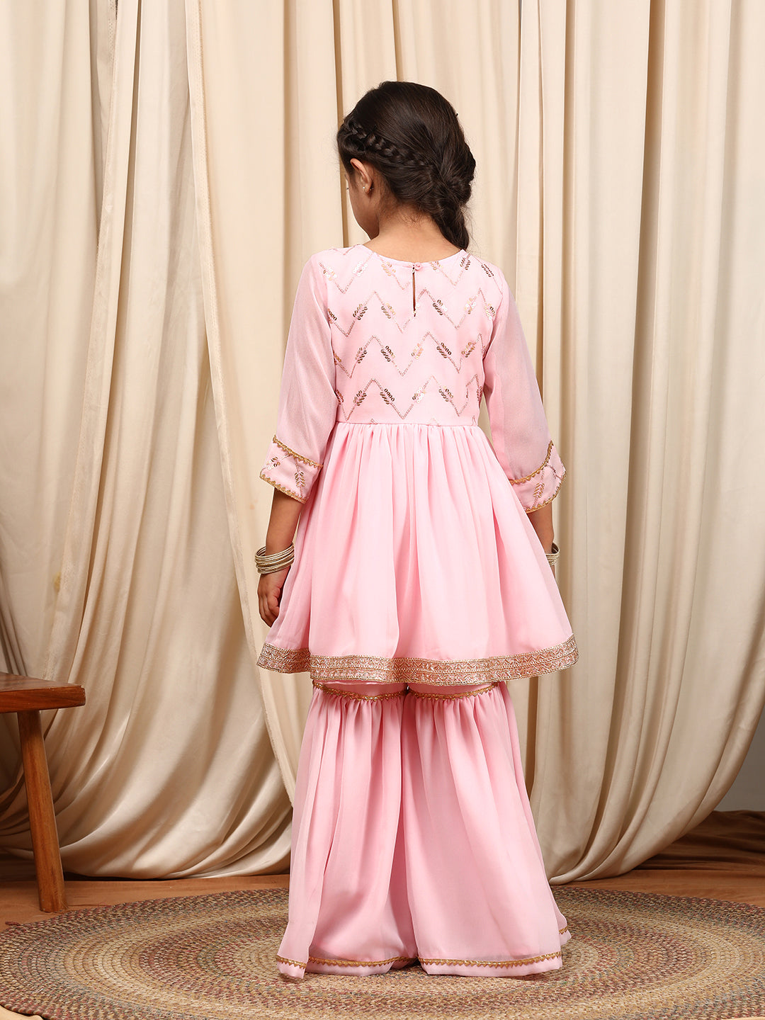 Girls Round Neck Embroidered Sequinned Anarkali Kurti With Sharara Dupatta (SHA-BABYPINK)