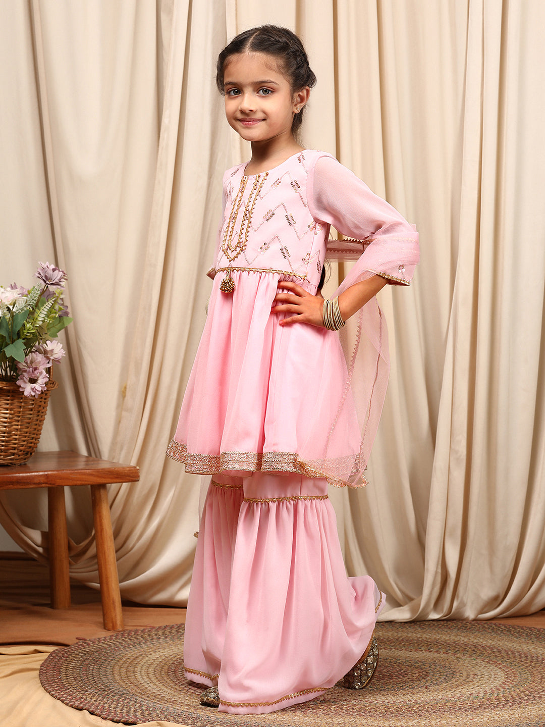 Girls Round Neck Embroidered Sequinned Anarkali Kurti With Sharara Dupatta (SHA-BABYPINK)