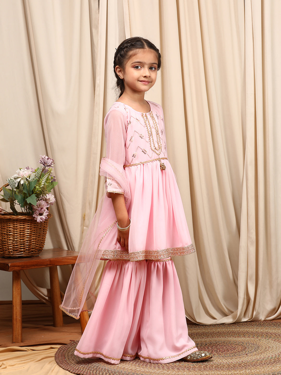 Girls Round Neck Embroidered Sequinned Anarkali Kurti With Sharara Dupatta (SHA-BABYPINK)