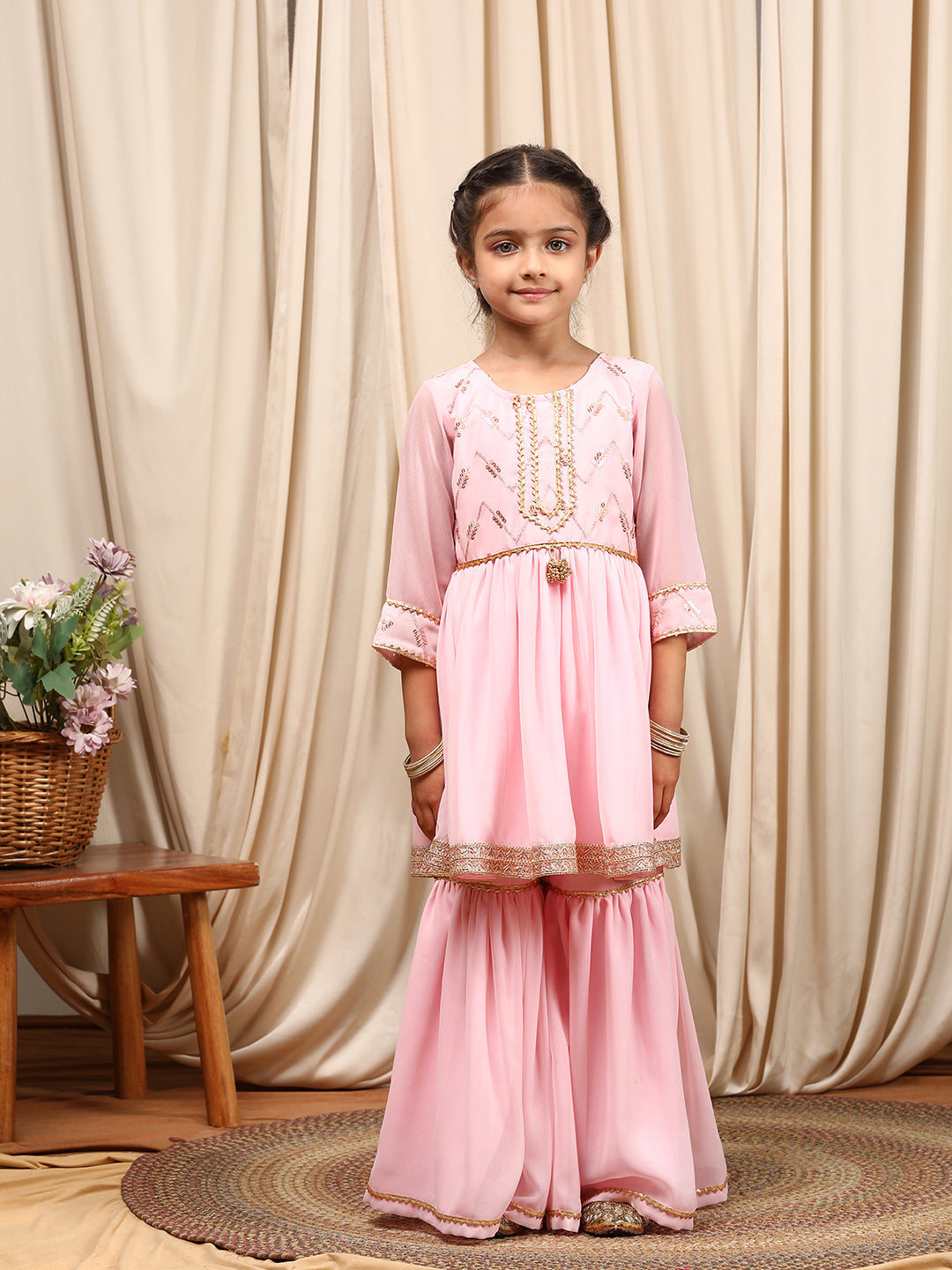 Girls Round Neck Embroidered Sequinned Anarkali Kurti With Sharara Dupatta (SHA-BABYPINK)