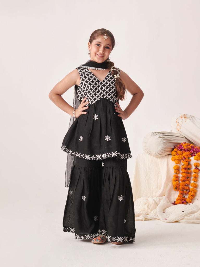 Girls Floral Embroidered Angrakha Kurta With Sharara & With Dupatta (SHA-BLACKCHIKANKARI)