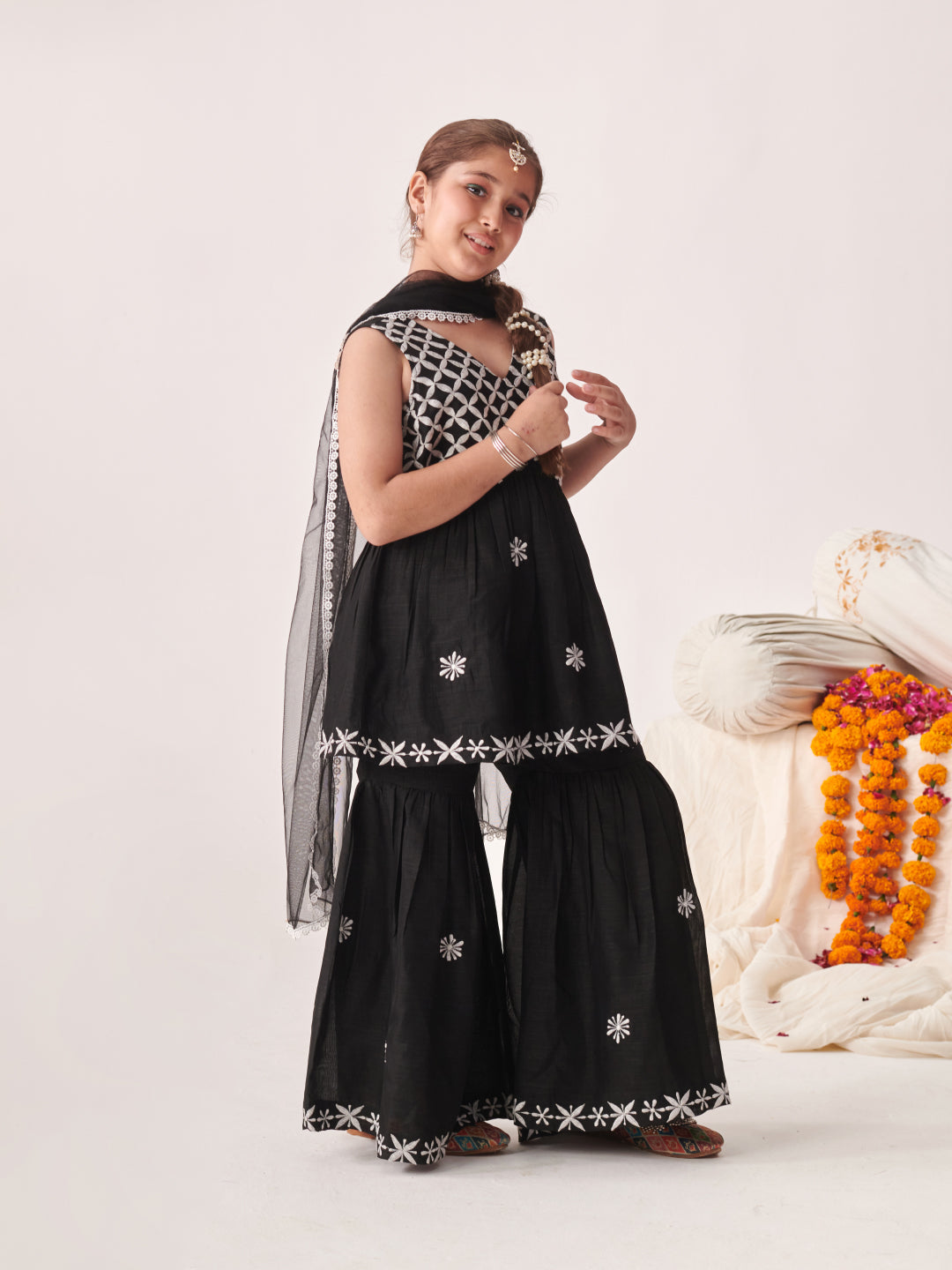 Girls Floral Embroidered Angrakha Kurta With Sharara & With Dupatta (SHA-BLACKCHIKANKARI)