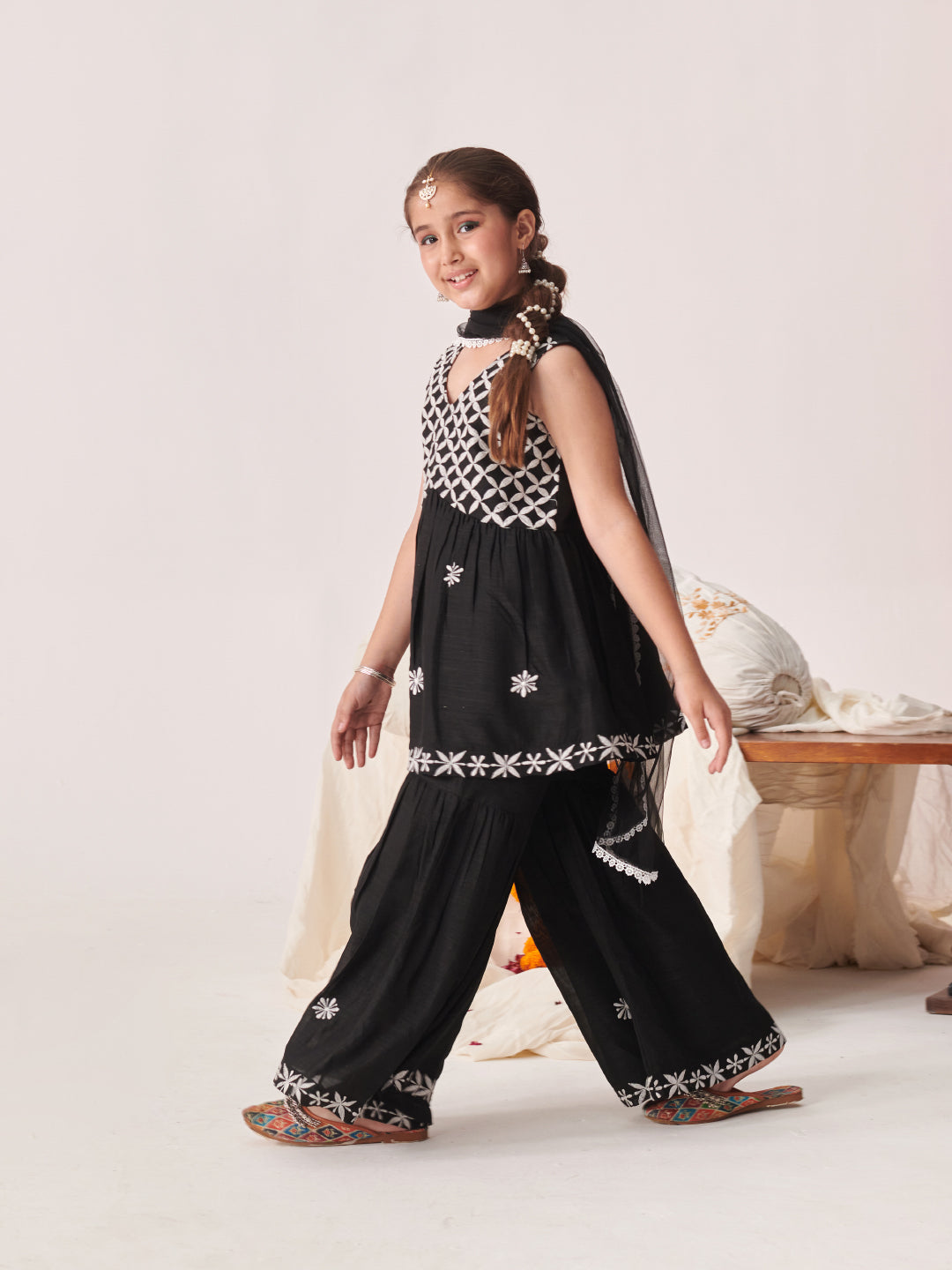 Girls Floral Embroidered Angrakha Kurta With Sharara & With Dupatta (SHA-BLACKCHIKANKARI)