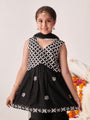 Girls Floral Embroidered Angrakha Kurta With Sharara & With Dupatta (SHA-BLACKCHIKANKARI)