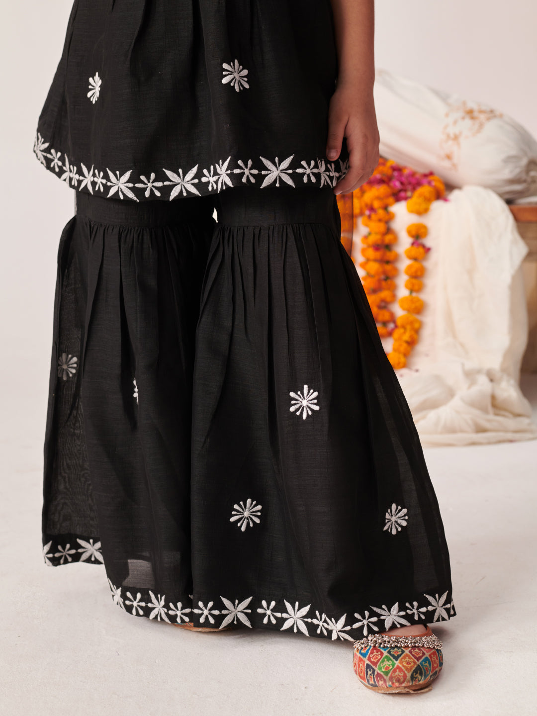 Girls Floral Embroidered Angrakha Kurta With Sharara & With Dupatta (SHA-BLACKCHIKANKARI)