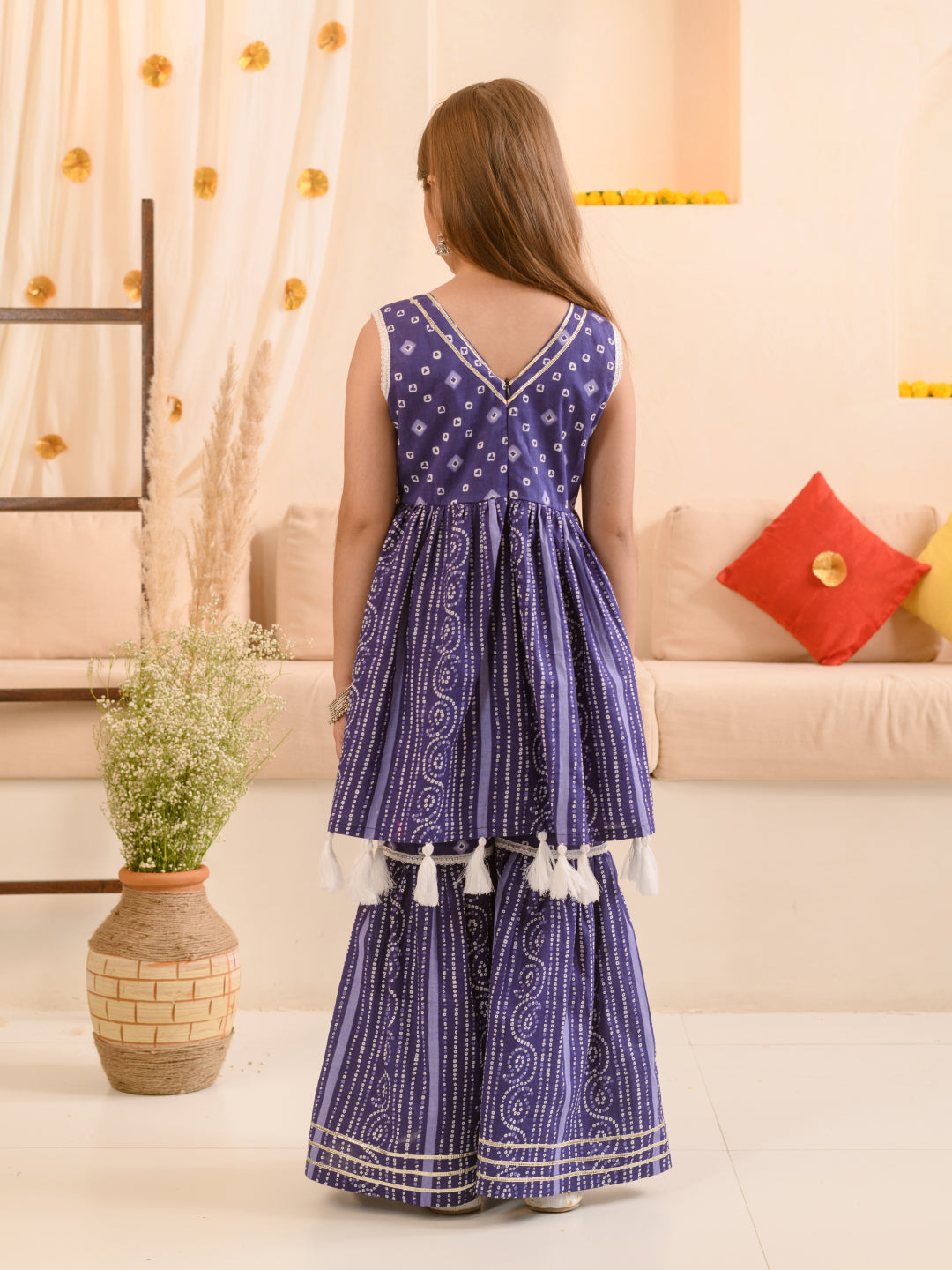 Girls Ethnic Motifs Printed Regular Pure Cotton Kurti with Sharara (SHA-BLUEBANDHEJ)