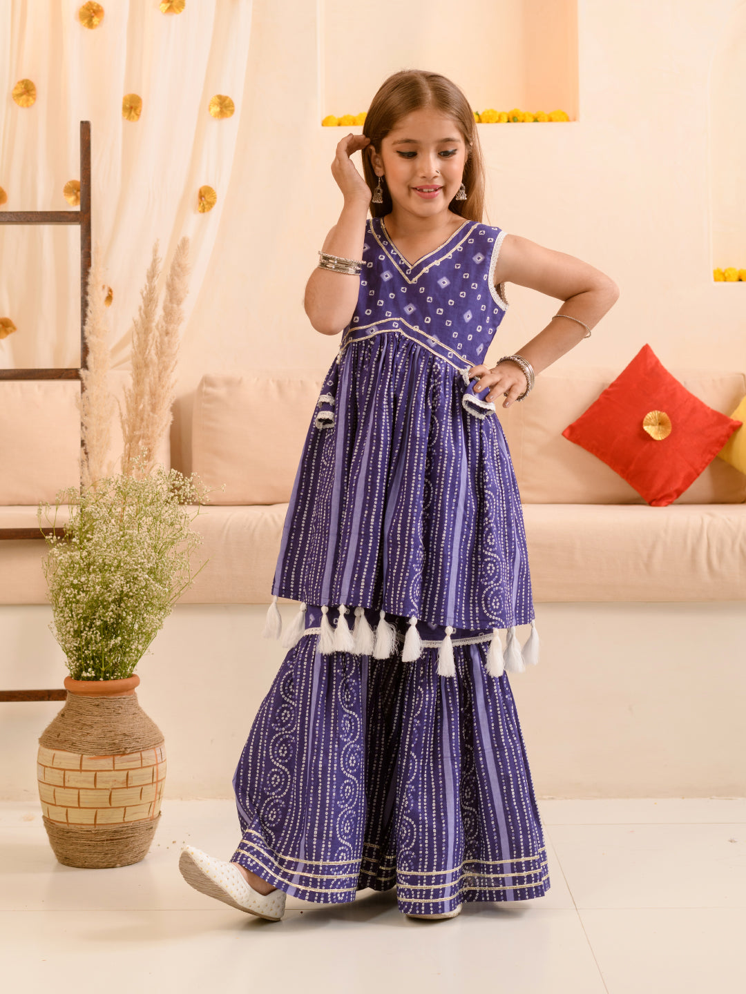 Girls Ethnic Motifs Printed Regular Pure Cotton Kurti with Sharara (SHA-BLUEBANDHEJ)