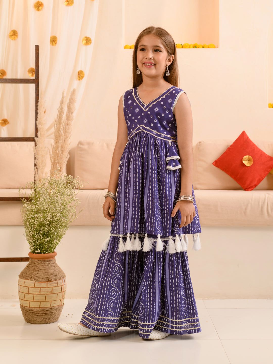Girls Ethnic Motifs Printed Regular Pure Cotton Kurti with Sharara (SHA-BLUEBANDHEJ)