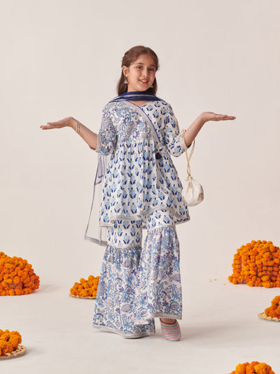 Girls Ethnic Motifs Printed Regular Kurta With Sharara & With Dupatta (SHA-BLUEBOOTIJAAL)