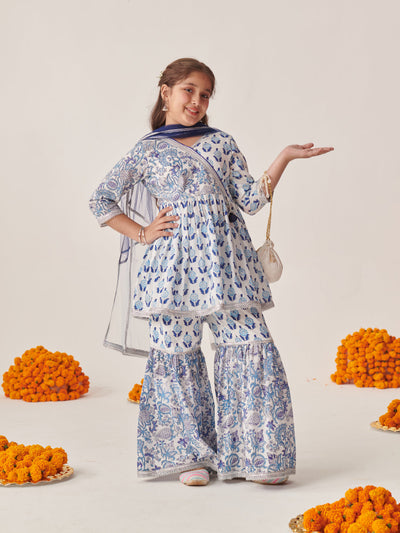 Girls Ethnic Motifs Printed Regular Kurta With Sharara & With Dupatta (SHA-BLUEBOOTIJAAL)
