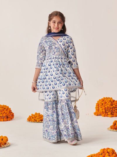 Girls Ethnic Motifs Printed Regular Kurta With Sharara & With Dupatta (SHA-BLUEBOOTIJAAL)