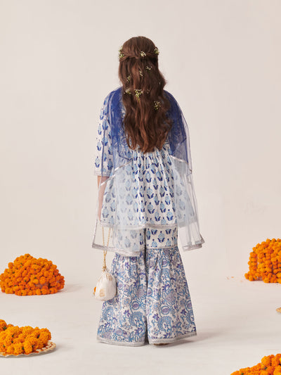 Girls Ethnic Motifs Printed Regular Kurta With Sharara & With Dupatta (SHA-BLUEBOOTIJAAL)