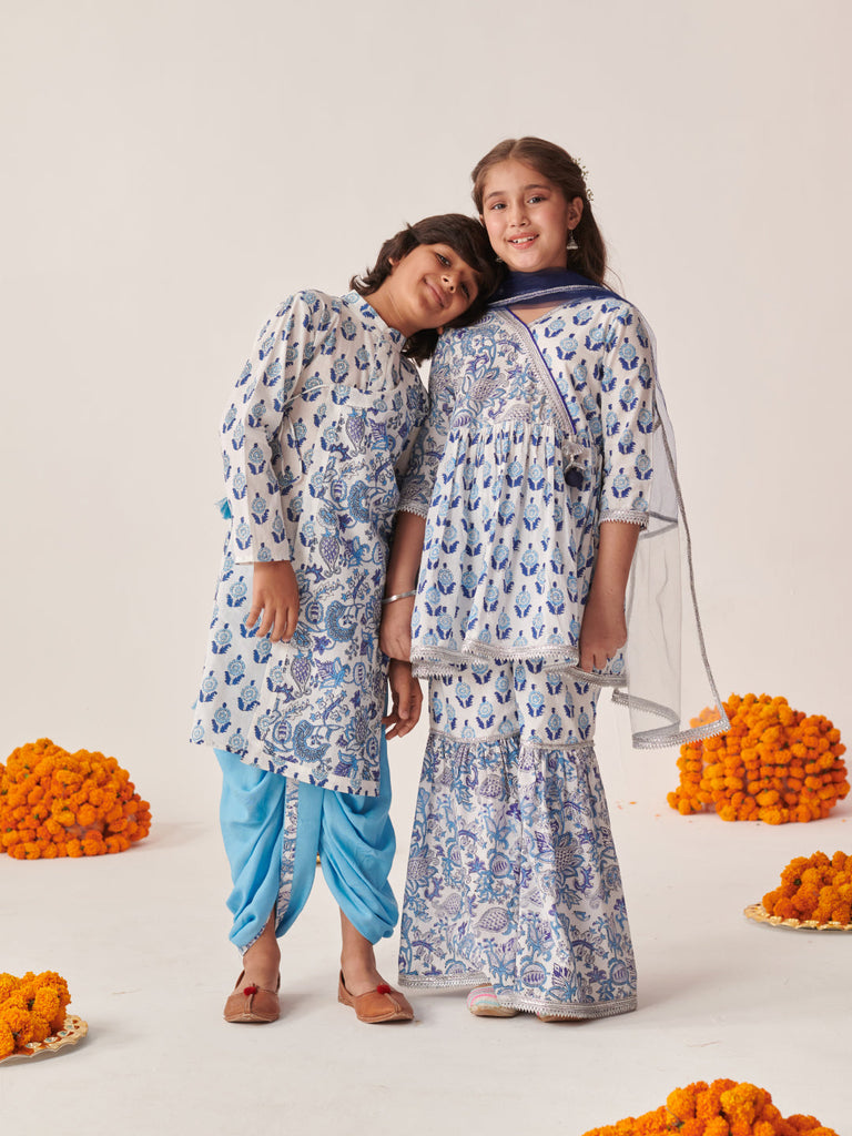 Girls Ethnic Motifs Printed Regular Kurta With Sharara & With Dupatta (SHA-BLUEBOOTIJAAL)