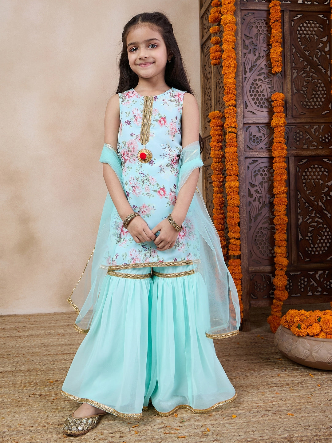 Girls Floral Printed Sleeveless Georgette Straight Kurta With Sharara & Dupatta (SHA-BLUEROSEGGT)