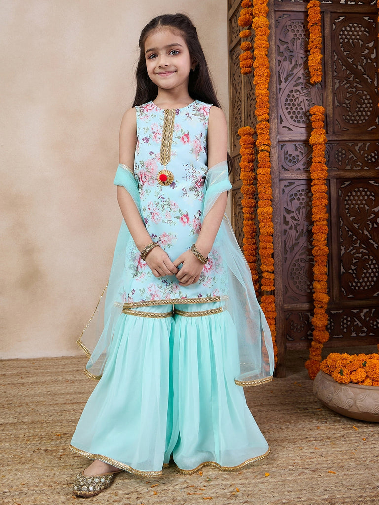 Girls Floral Printed Sleeveless Georgette Straight Kurta With Sharara & Dupatta (SHA-BLUEROSEGGT)