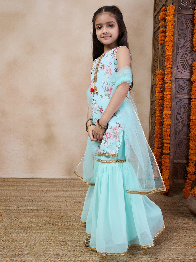Girls Floral Printed Sleeveless Georgette Straight Kurta With Sharara & Dupatta (SHA-BLUEROSEGGT)