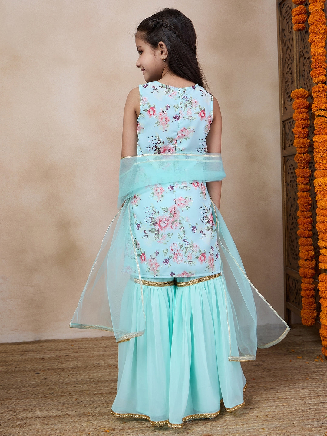 Girls Floral Printed Sleeveless Georgette Straight Kurta With Sharara & Dupatta (SHA-BLUEROSEGGT)
