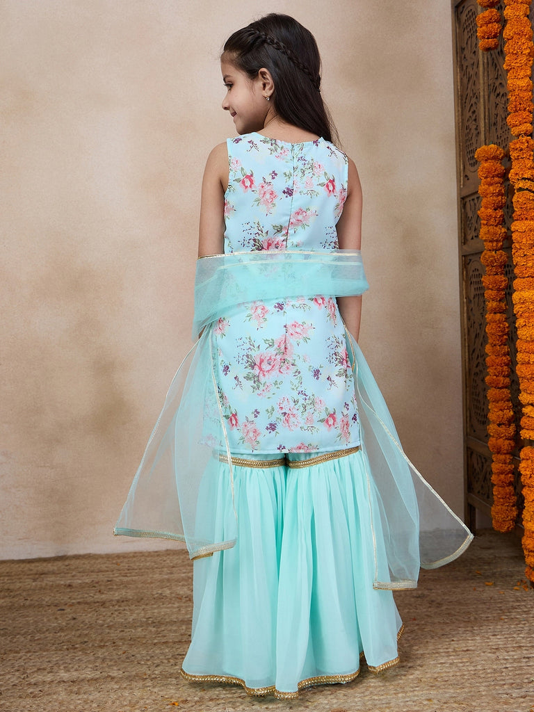 Girls Floral Printed Sleeveless Georgette Straight Kurta With Sharara & Dupatta (SHA-BLUEROSEGGT)