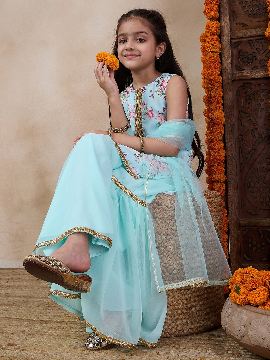 Girls Floral Printed Sleeveless Georgette Straight Kurta With Sharara & Dupatta (SHA-BLUEROSEGGT)