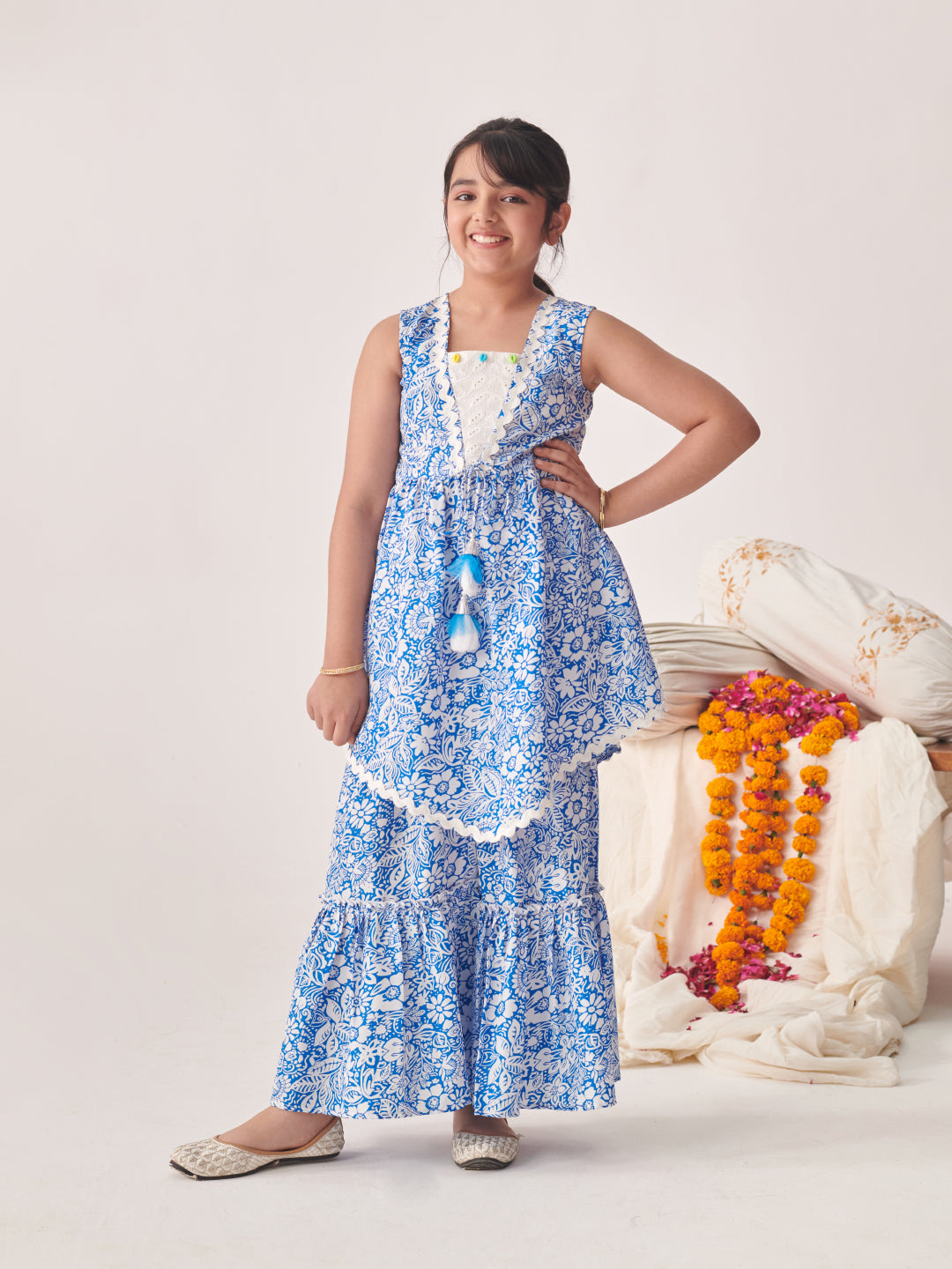 Girls Floral Printed Regular Kurta With Sharara (SHA-BLUETIKONACUT)