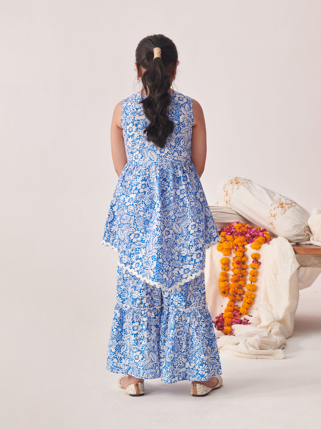 Girls Floral Printed Regular Kurta With Sharara (SHA-BLUETIKONACUT)