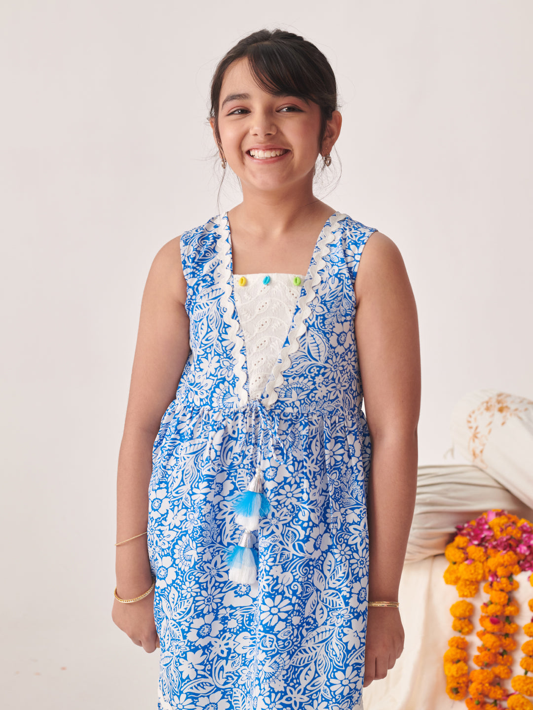 Girls Floral Printed Regular Kurta With Sharara (SHA-BLUETIKONACUT)