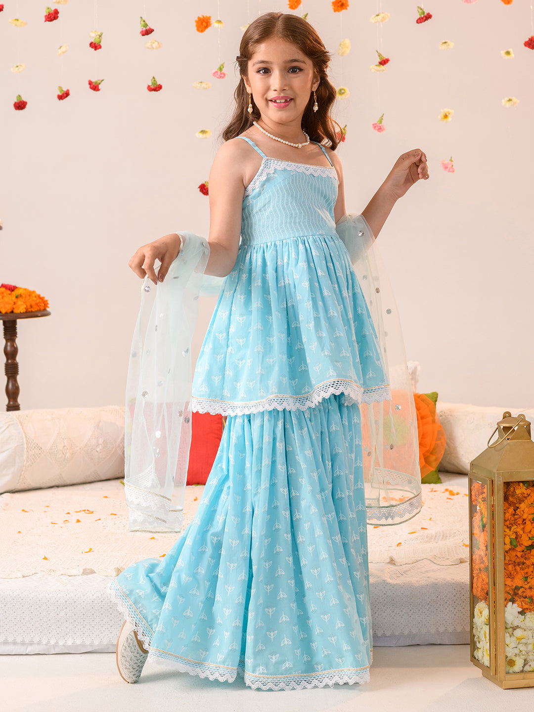 Girls Ethnic Motifs Printed Pure Cotton A-line Kurta With Sharara & Dupatta (SHA-BLUEWHITEKHADDI)