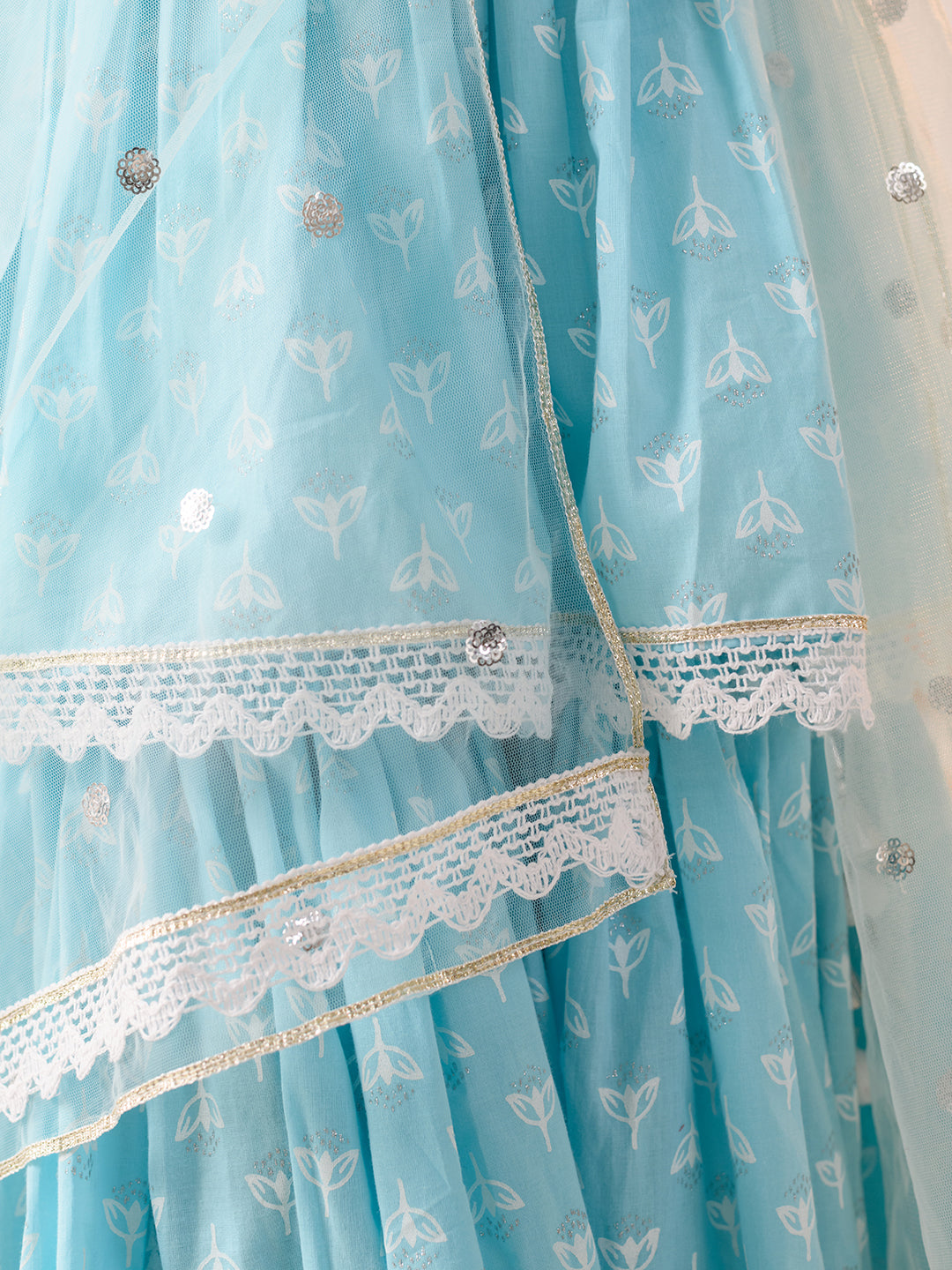 Girls Ethnic Motifs Printed Pure Cotton A-line Kurta With Sharara & Dupatta (SHA-BLUEWHITEKHADDI)