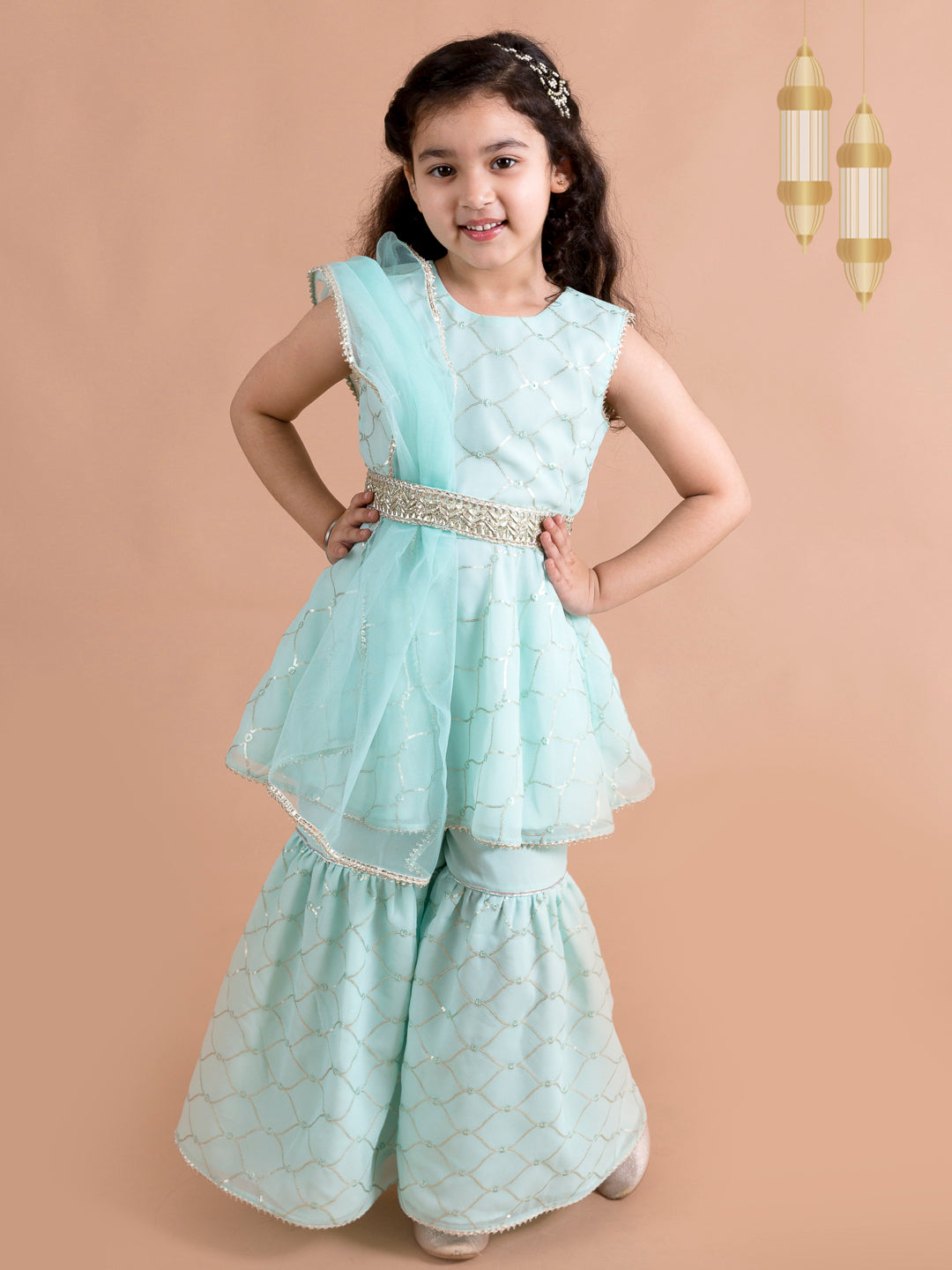 Girls Sequins Embellished Sleeveless Kurta With Sharara And Dupatta (sha-Blueggtseq)