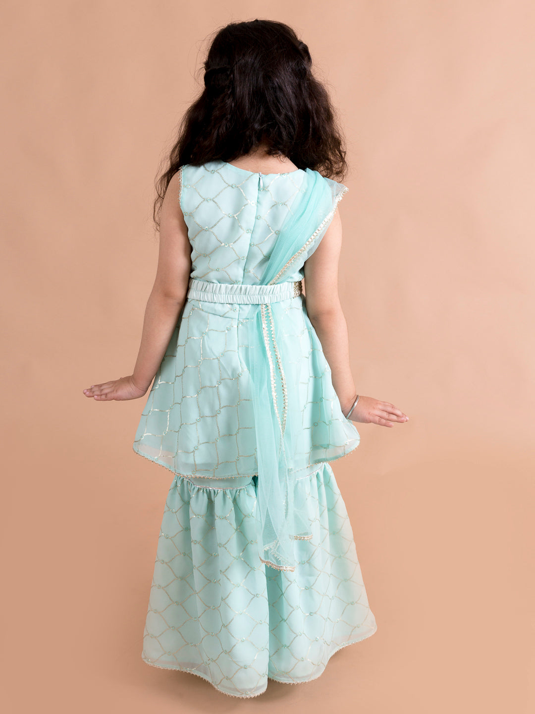 Girls Sequins Embellished Sleeveless Kurta With Sharara And Dupatta (sha-Blueggtseq)