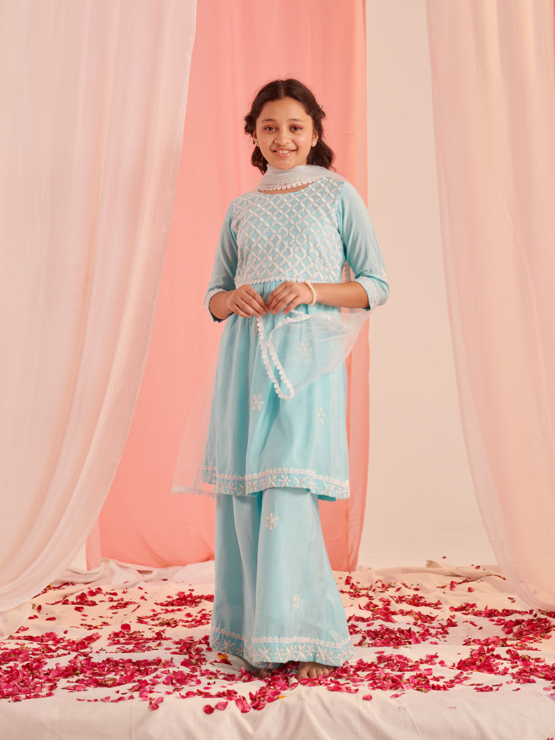 Girls Ethnic Motifs Embroidered Regular Thread Work Kurta With Sharara With Dupatta (SHA-FIROZICHIKANKARI)