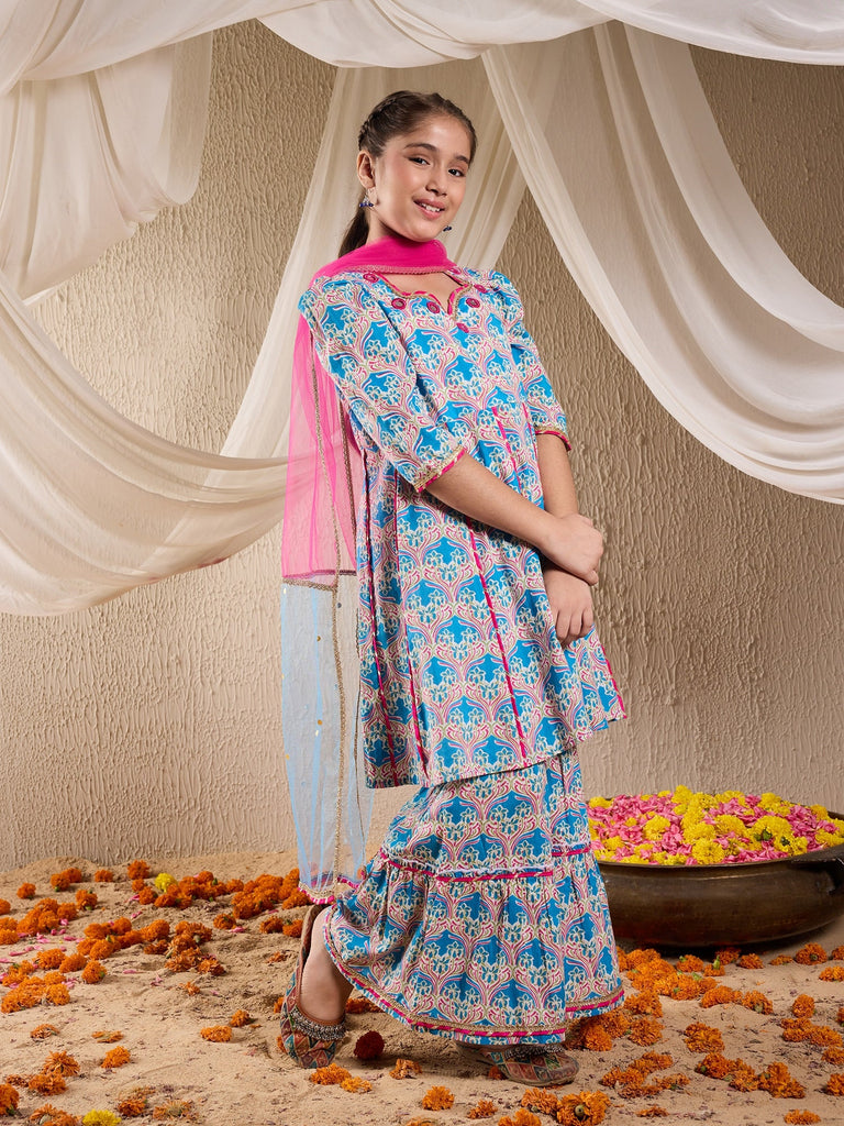 Pspeaches Girls Cotton 3/4th Sleeves Sweetheart Neck Gota Pati Embellished Lehenga Choli Set with Dupatta for Girls (SHA-FIROZIMAGENTAMAGZI)