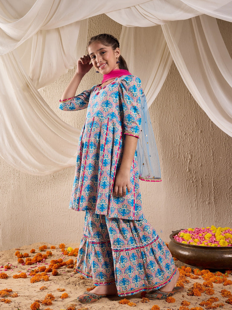 Pspeaches Girls Cotton 3/4th Sleeves Sweetheart Neck Gota Pati Embellished Lehenga Choli Set with Dupatta for Girls (SHA-FIROZIMAGENTAMAGZI)