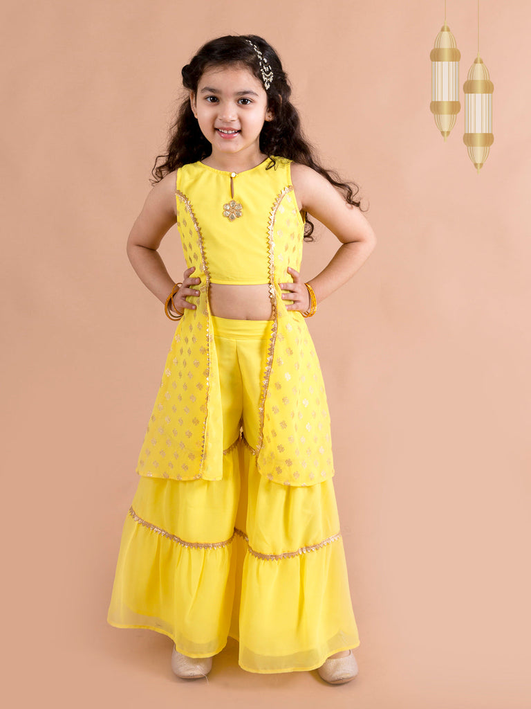 Girls Floral Embroidered Layered Gotta Patti Kurti with Sharara (SHA-Foilbootiyellow)