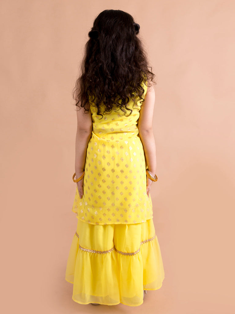 Girls Floral Embroidered Layered Gotta Patti Kurti with Sharara (SHA-Foilbootiyellow)