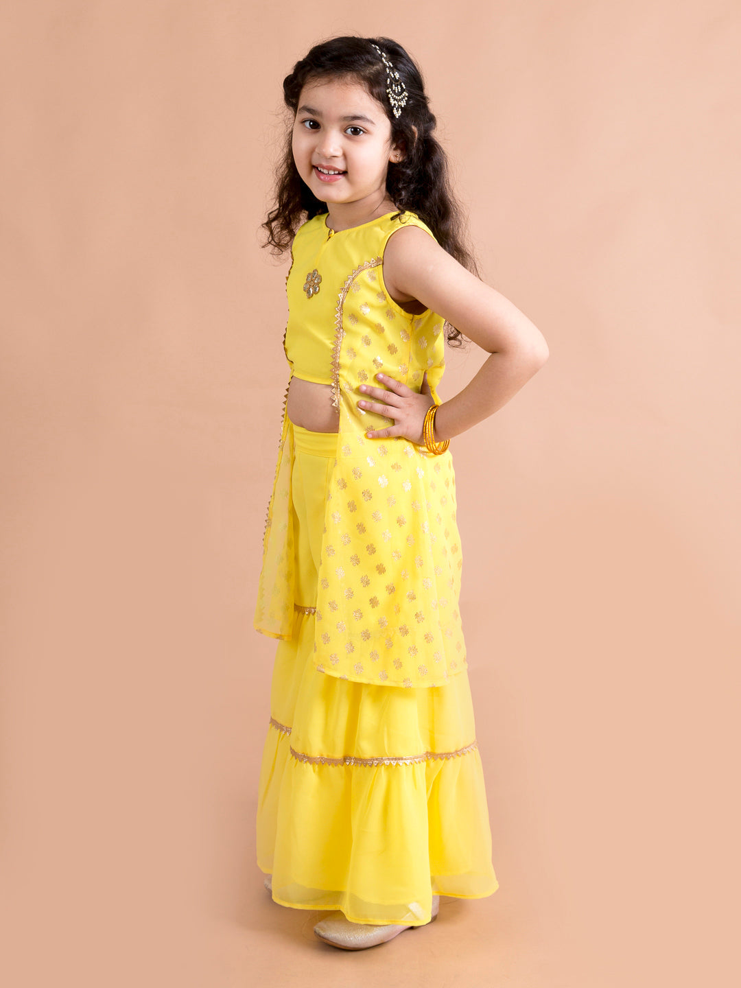 Girls Floral Embroidered Layered Gotta Patti Kurti with Sharara (SHA-Foilbootiyellow)