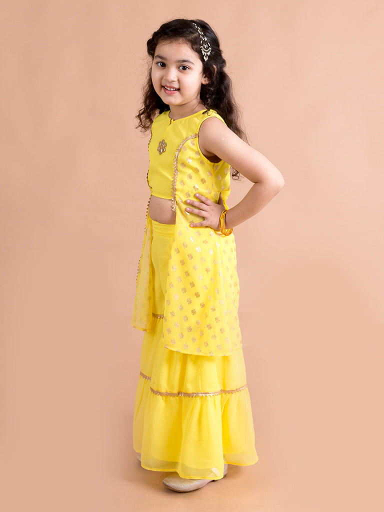 Girls Floral Embroidered Layered Gotta Patti Kurti with Sharara (SHA-Foilbootiyellow)