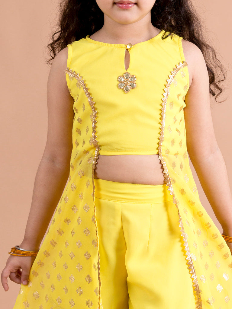 Girls Floral Embroidered Layered Gotta Patti Kurti with Sharara (SHA-Foilbootiyellow)