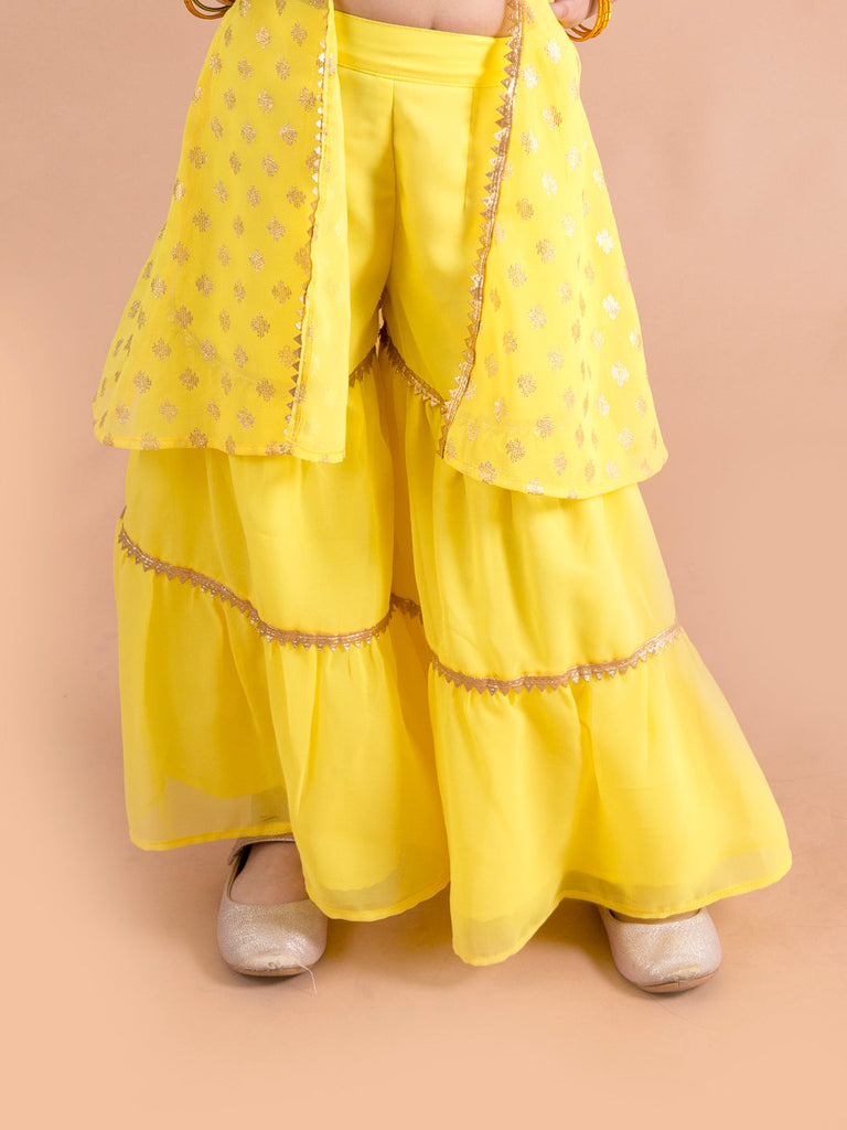 Girls Floral Embroidered Layered Gotta Patti Kurti with Sharara (SHA-Foilbootiyellow)