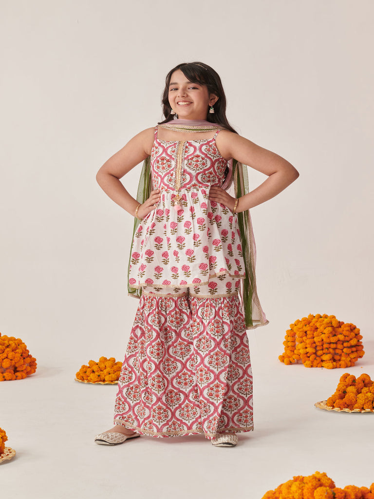 Pspeaches Girls White Ethnic Booti Pattern Cotton A-Line Kurta & Sharara With Dupatta Set ( Sku-Sha-Jaalbooti )