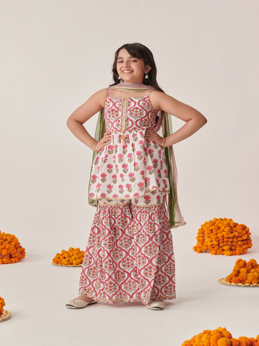 Pspeaches Girls White Ethnic Booti Pattern Cotton A-Line Kurta & Sharara With Dupatta Set ( Sku-Sha-Jaalbooti )