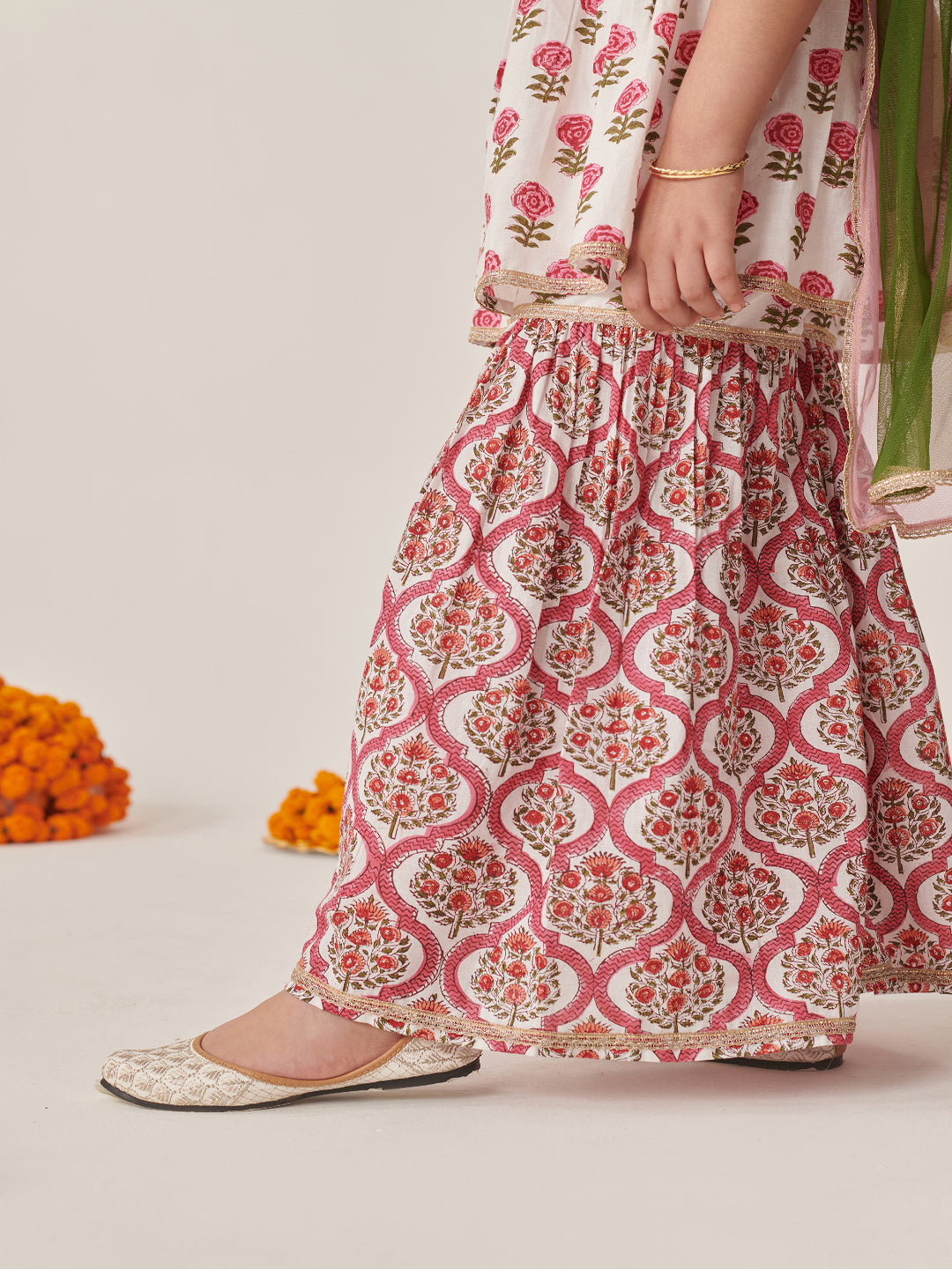Girls Floral Printed Regular Mirror Work Kurta With Sharara & With Dupatta (SHA-JAALBOOTI)