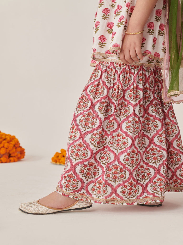 Girls Floral Printed Regular Mirror Work Kurta With Sharara & With Dupatta (SHA-JAALBOOTI)