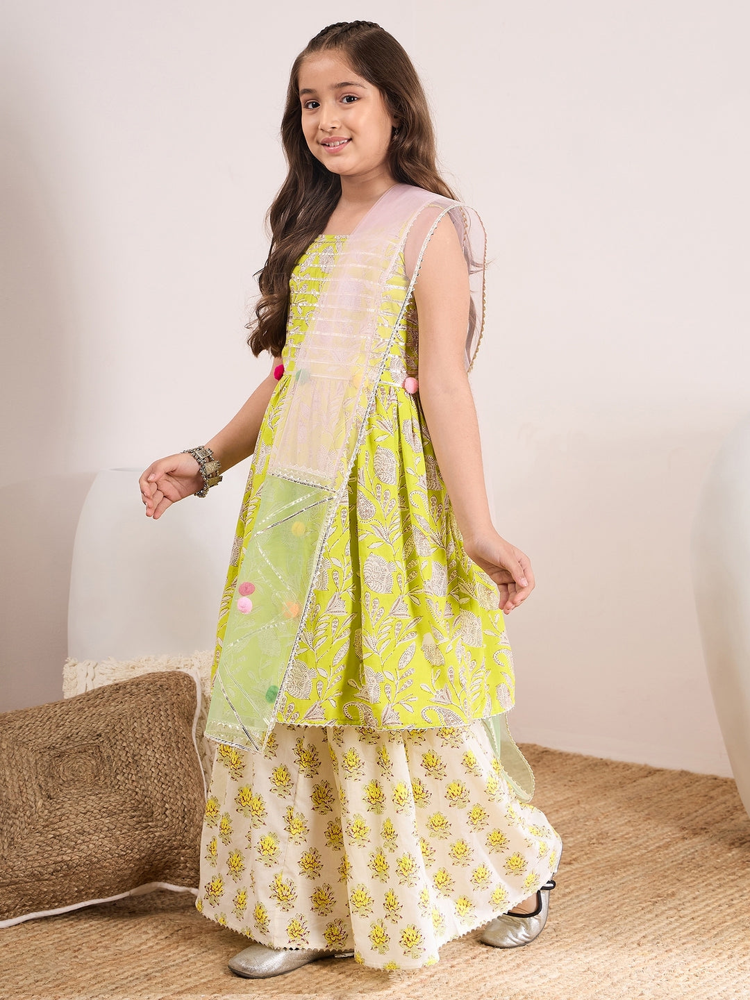Girls Floral Printed Empire Kurta with Sharara & With Dupatta (SHA-LTGREENJAAL)