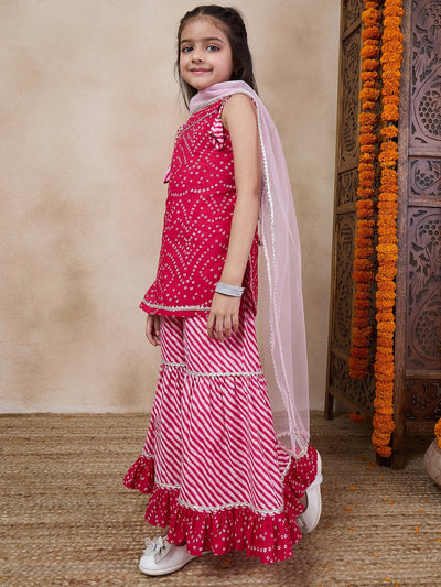 Girls Bandhani Printed Gotta Patti Straight Kurti With Sharara Dupatta (SHA-MAGENTADOT)