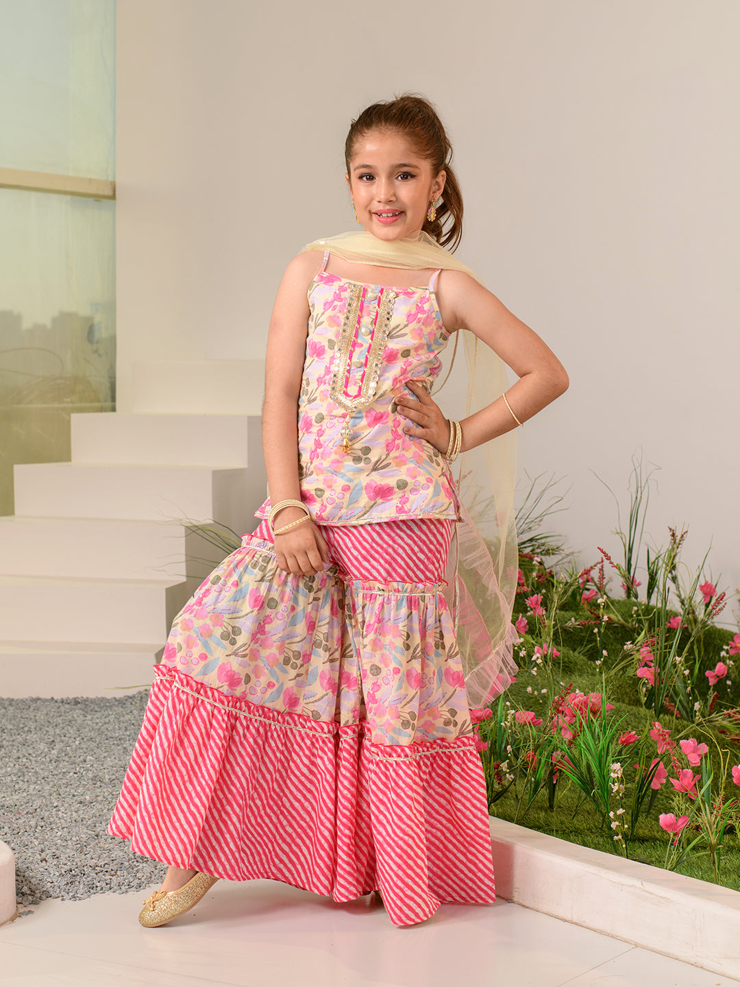 Girls Floral Printed Regular Pure Cotton Kurta with Sharara & Dupatta (SHA-MAGENTALEHERIYA)